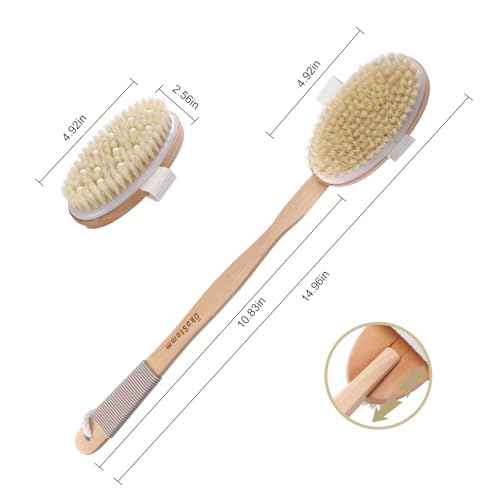 Dry Brushing Body Brush - Natural Bristle Dry Brush Set with 2 Detachable Heads, Wooden Long Handle Dry Body Brush for Lymphatic Drainage, Exfoliating and Cellulite Treatment