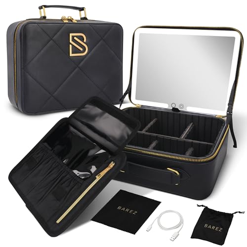 BAREZ Premium PU Leather Makeup Bag With LED Mirror - 3 Brightness Mirror Light Settings - Adjustable Dividers - Removable Mirror Waterproof Cosmetic Travel Bag - A Luxury Gift for Her (Black)