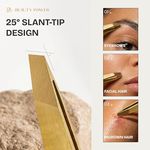 Professional Tweezers Set ? Slant & Point, Ultra Precision German Stainless Steel Tweezers for Eyebrows, Chin, Ingrown Hair & Facial Grooming ? Lightweight with Case - Gift Idea - Gold
