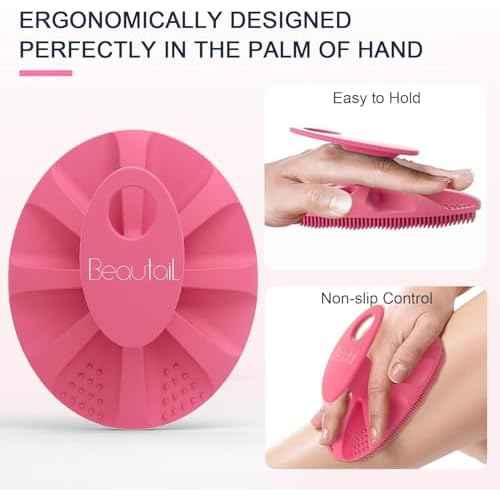 Silicone Body Scrubber 2 Pack, BEAUTAIL Shower Bath Wash Brush, Gentle Exfoliating Scrub Cleansing Loofah for Women Men Baby Sensitive Skin, Easy to Clean, Lather Nicely, More Hygienic, Pink+Blue