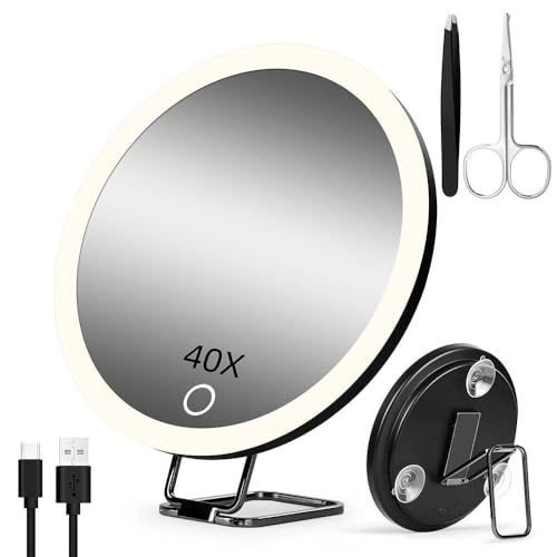 Suupvaor 40X Magnifying Travel Makeup Mirror with LED Lights, Black - Rechargeable & Suction Stand