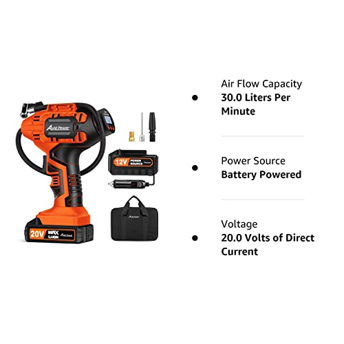 Avid Power Tire Inflator Portable Air Compressor, 20V Cordless Rechargeable Battery Tire Pump w/ 12V Car Power Adapter, Digital Pressure Gauge, Auto Air Pump for Many Inflatables (Orange)