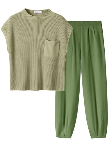 ANRABESS Women's Two Piece Outfits Knit Sweater Pullover Crop Top & Pants Lounge Matching Tracksuit Sweatsuit Sets 2024 Trendy Loungewear Clothes Grass X-Small