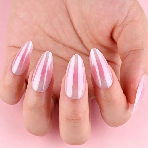 evpct Baby Pink Glazed Almond Short Press-On Nails with Ombre Design