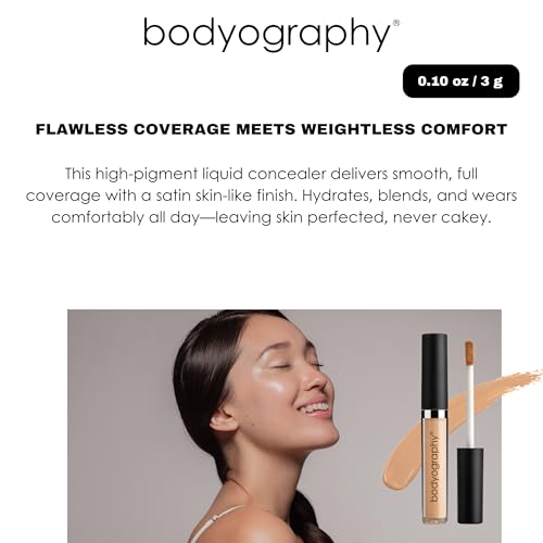 Bodyography Skin Slip Full-Coverage Liquid Concealer | Lightweight, Buildable Formula with 35% Pigment | Infused with Glycerin & Vitamin E for Hydration | Satin Finish, All-Day Wear