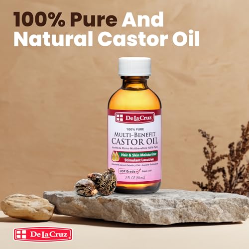 De La Cruz Castor Oil - 100% Pure Castor Oil for Hair, Skin, Eyelashes, and Eyebrows - USP Grade, 2 FL Oz (3 Glass Bottles)