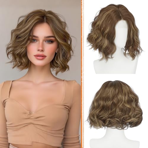 Brown Bob Wig with Lace Front - Short Wavy Synthetic Hair