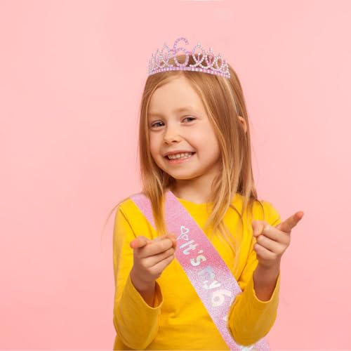 Canitor 6 Years Old Birthday Girl Crown Tiara & Sash Set with Headband Gift
