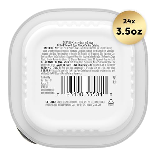 CESAR Adult Wet Dog Food Classic Loaf in Sauce Grilled Steak and Eggs Flavor, 3.5 oz. Easy Peel Trays, Pack of 24