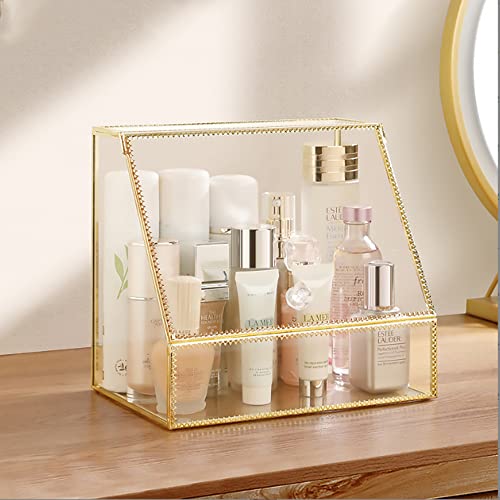 YUEHUA Makeup Organizer Glass Makeup Holder Bathroom Countertop Vanity Cosmetic Organizer for Lipsticks Skincare Toner Storage