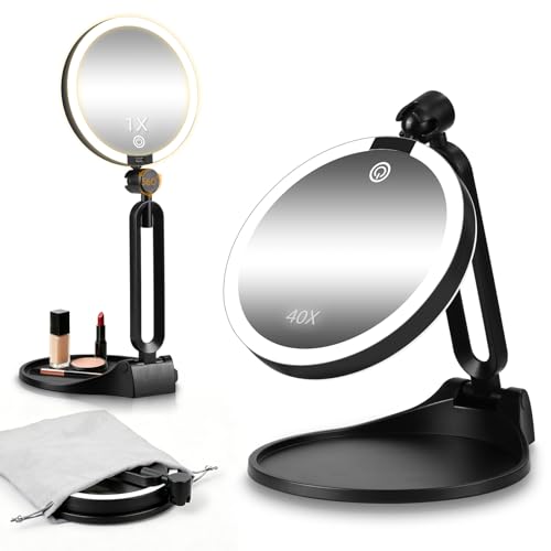 Junyaoxuan Black 6-Inch Double Sided LED Travel Makeup Mirror with 1X/40X Magnification and Dimmable Lights