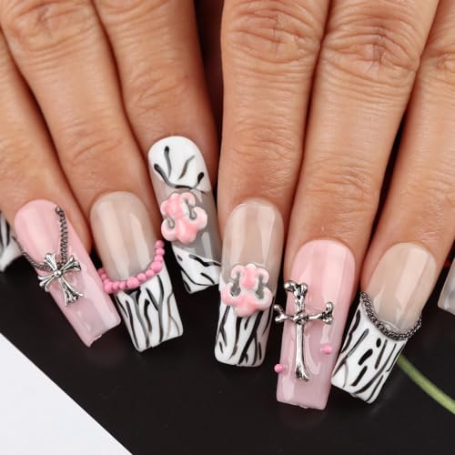 Sumumtor 3D Extra Long Pink Zebra Pattern Square Kroxin Acrylic Press On Nails,Handmade Salon False Nails with Design Nail Art Gifts for Women and Girls Pregnant,Reusable Stick On Nails 10Pcs,Size M