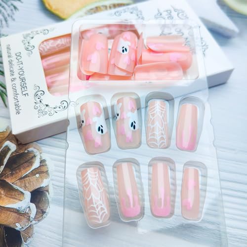 Mkwntg Halloween Press on Nails Medium Square Fake Nails Cute Ghost Pink Heart Liquid Full Cover Stick on Nails Glossy White Spider Web Glue on Nails for Women Girls Holiday Nail Decoration 24Pcs