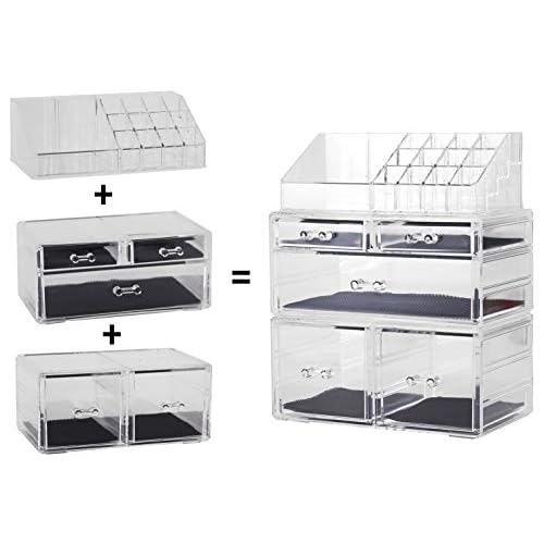 Sooyee Makeup Organizer,Acrylic Cosmetic Organizer Storage Drawers Jewelry and Cosmetic Display Cases Box(5 Drawers 7 Tiers) 3 Pieces Stackable,Clear
