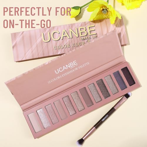 UCANBE 12 Color Eyeshadow Palette - Nude & Neutral Matte Shimmer Makeup Set with Brush