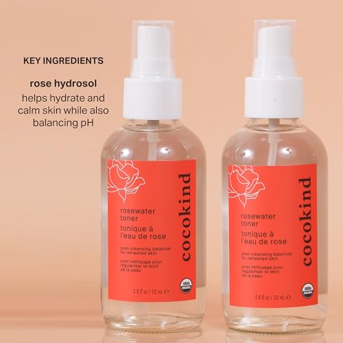 Rosewater Facial Toner by Cocokind, Multipurpose Spray to Set Makeup, Double Cleanse, and Balance Skins pH, Made with Rose Hydrosol, 4 Fl Oz