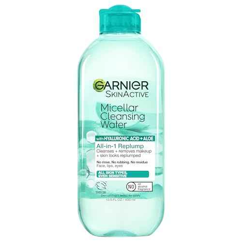 Garnier Micellar Water with Hyaluronic Acid, Facial Cleanser & Makeup Remover, Hydrating and Plumping, For All Skin Types, Vegan, Cruelty Free, 13.5 Fl Oz (400mL), 1 Count