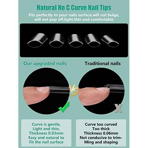 480PCS Extra Long NO C Curve Nail Tips XL, 2 Packs Natural and Clear Nail Tips for Acrylic Nails Professional Set, 12 Sizes Straight Tapered Square Press on False Nail Tips for Nail Art Salon Home DIY
