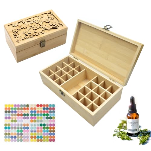 Pure Vie Bamboo Essential Oil Storage Box Travel Organizer Case with Bottle Cap Label - Aromatherapy Nail Polish Fragrance Container, Holds 24 Bottle for 5-30ml - Keep Scented Oil Safe & Space Saver