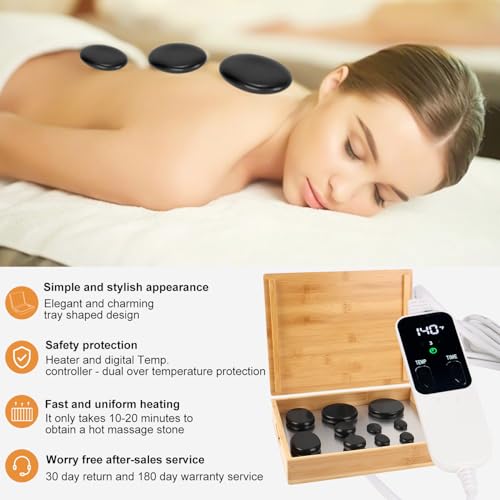 Hot Stone Massage Set with 10 Basalt Stones & Bamboo Warmer