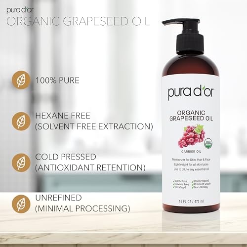 PURA D'OR 16 Oz Organic Grapeseed Oil-100% Pure&Natural USDA Certified Cold Pressed Carrier Oil-Light&Silky,Unscented,Hexane Free Liquid Moisturizer-Face Skin-&Hair-Men-&Women,(Pack of 2)
