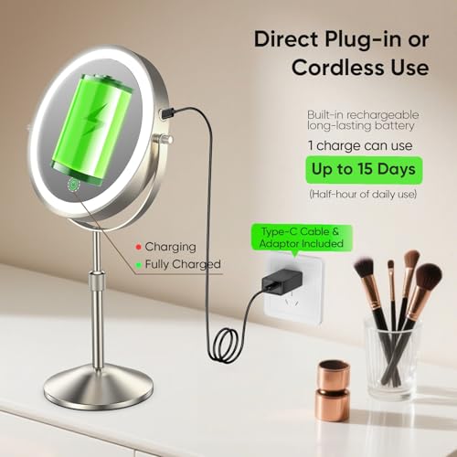 Professional 8.7¡± Lighted Makeup Mirror with 1X/10X Magnification ? Rechargeable Double-Sided HD Vanity Mirror, Height Adjustable, 88 High-CRI LEDs, 3 Color Dimmable Lighting, Dual Power, 360¡Æ Swivel