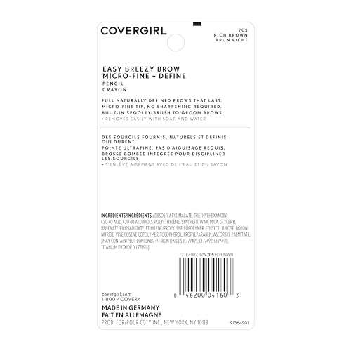 COVERGIRL Easy Breezy Micro-Fine Brow Pencil - Rich Brown, No Sharpening, Built-in Spoolie, Cruelty-Free