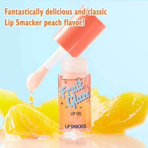 Lip Smacker Fruit Glaze Lip Oil, Ultra-Hydrating & Moisturizing with High-Shine Finish, Plush Applicator for Effortless Glide, Delicious Non-Sticky Flavor - Peach