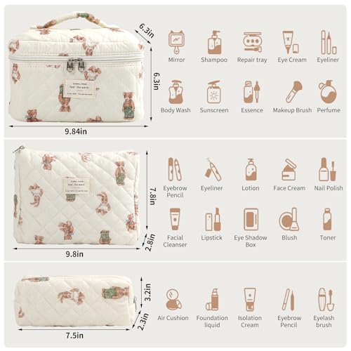 Large Quilted Makeup Bag for Women and Girls, Cute Coquette Floral Cotton Cosmetic Bag, Aesthetic Travel Organized Toiletry Bags (06-beige bears)