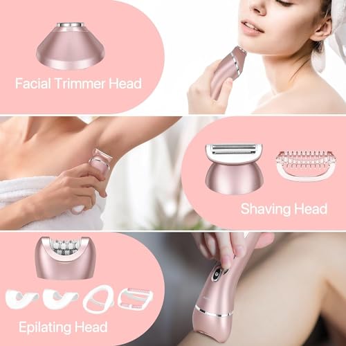 Hatteker Electric Shaver for Women Lady Epilator Electric Razors Kit Hair Remover for Face Chin Arm Leg Armpit Bikini Trimmer Painless Waterproof USB Rechargeable Dry Wet with Detachable Head 3 in 1