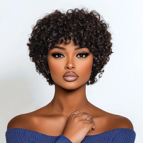 Short Curly Wig with Bangs for Black Women - 100% Human Hair