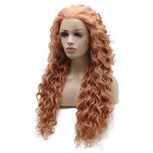 iwonawig Iewig Rose Golden Pink Front Lace Wig Long Curly Synthetic Lace Front Heat Friendly Fiber Half Hand Tied