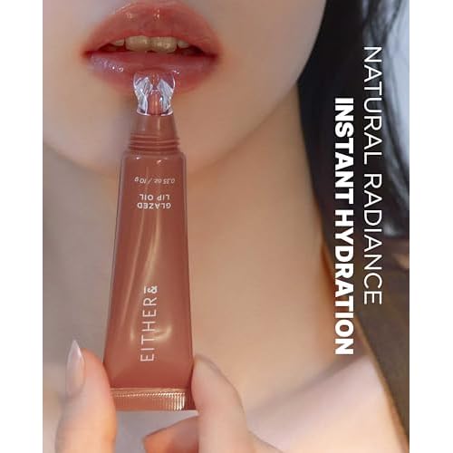 EITHER& Glazed Lip Oil - Glossy Tinted Lip Gloss, High Gloss Moisturizer with Peptides, Lightweight, Non-Sticky for Dry Lips, Lip Care 05 Noir (10g)