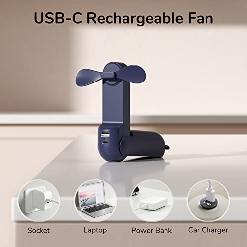 JISULIFE Handheld Mini Fan, 3 IN 1 Hand Fan, USB Rechargeable Small Pocket Fan [12-19 Working Hours] with Power Bank, Flashlight, Portable Fan for Travel/Summer/Concerts, Gifts for Women(Dark Blue)