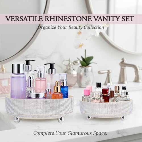 Rotating Bling Perfume Makeup Organizer, Rhinestone Cosmetic Display Cases with 2-Piece Set, 360¡Æ Spinning Bathroom Organizers for Countertop, Vanity Table | White