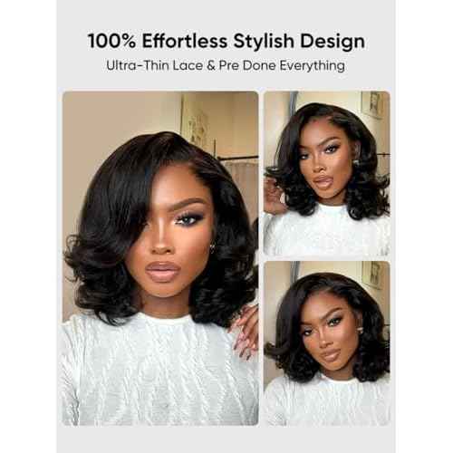 Wiggins Hair Body Wave Bob Wig Human Hair 4x7 Lace Front Wigs Human Hair Pre Cut Lace Ready to Wear Glueless Wig Human Hair Body Bob Wig For Women Pre-Bleached Knots & Adjustable Straps 14 Inch