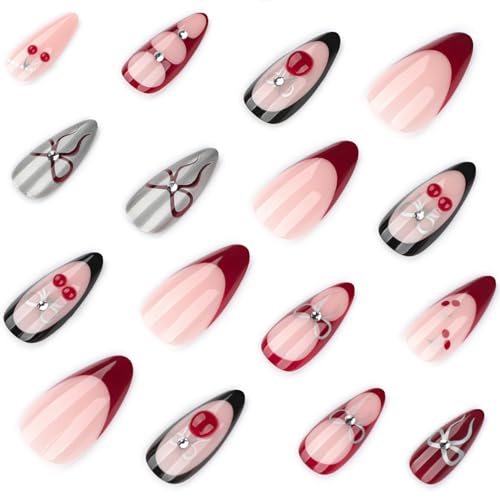 Cherry Bow Press On Nails Almond Glossy Chrome Metallic