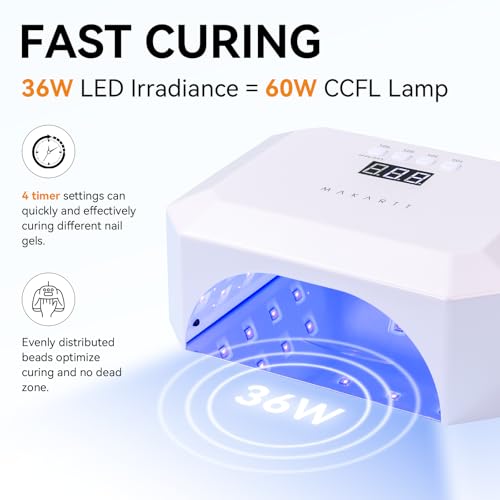 Makartt UV LED Nail Lamp White - Rechargeable 36W Gel Curing Light with 4 Timers & Auto Sensor