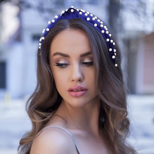 VELSCRUN Pearl Headband - 5 Pcs Pack of Pearl Knotted Headbands for Women - Hair Bands with Beaded Non Slip Wide Top Knot - Velvet Hair Bands for Women's Hair Accessories - Ideal Gift for Women Girls