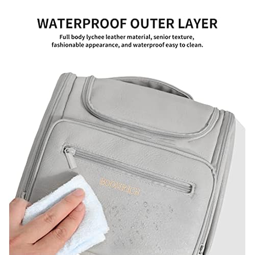 BOOMRICH Large Toiletry Bag for Women and Men, Hanging Leather Travel Makeup Bag with 360¡Æ Hook, Travel Organizer for Full Sized Container, Toiletries, Brushes, Blue Grey