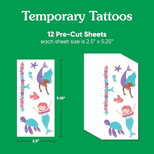 Mermaid Temporary Tattoos for Kids, 12 Sheets with 84 Designs