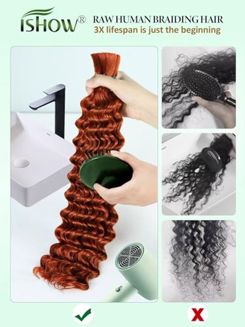 ISHOW 15A Deep Wave Bulk Human Hair, 18 Inch, Dark Ginger, 3 Packs