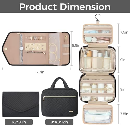 BAGAIL Hanging Toiletry Bag for Women Water-resistant Cosmetic Bag Large Capacity Travel Makeup Organizer for Full-Sized Travel Essentials(Classic+Jewelry Bag, Black)
