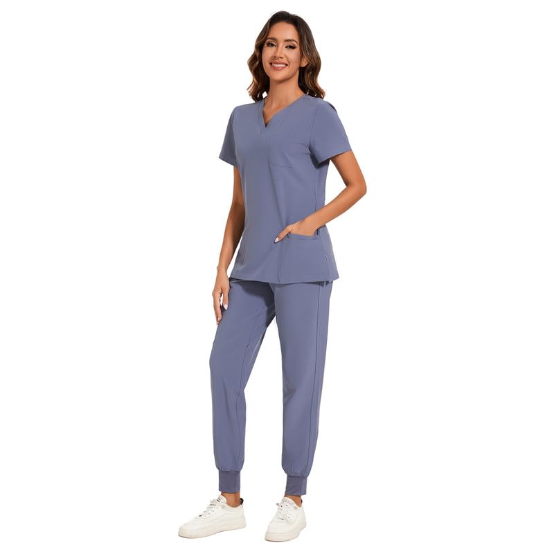 COZYFIT Scrubs for Women Set - Stretch V-Neck Scrub Top & Jogger Pant with 8 Pockets, Yoga Waistband, Anti Wrinkle, Slim Fit Women Scrubs - Grey, XS