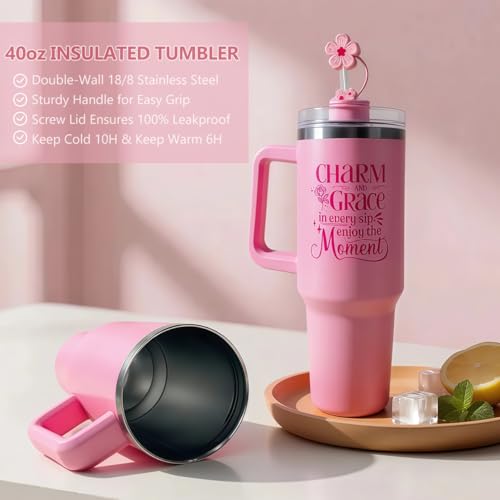 Deluxe Birthday Gift Set for Women, Pink Rose-Themed Gift basket with 40oz Tumbler, Bath Bomb, Soap & More - Perfect Get Well, Thank You & Spa Gifts for Her, Mom, Girlfriend, Wife, Sister