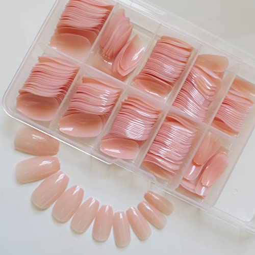 LoveOurHome 240pc Short Coffin Press on Nails Colored Ballerina False Nails Glossy Artificial Fingernails Full Cover Tips with Adhesive Tabs (Nude)