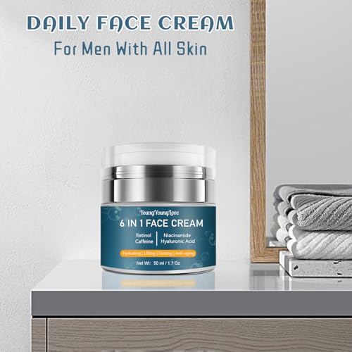 6-in-1 Face Cream for Men with Retinol, Hyaluronic Acid, Niacinamide & Caffeine, Face & Neck Moisturizer for Mens Anti-Aging, Retinol Cream for Face Dark Circle, Wrinkles and Puffiness, 1.7 oz