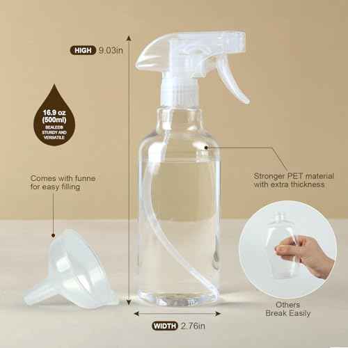 Plastic Spray Bottles, 2-Pack, 16.9 Oz, Mist & Stream, Heavy Duty Spraying, Empty Water Spray Bottle for Cleaning Solutions, Essential Oils, Hair, Plants, BBQ, Cat Dog Behavior Correction (Clear)