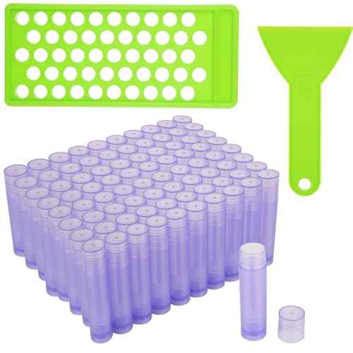 Lip Balm Tubes with Filling Tray and Spatula, 100PCS 5ml Purple Lip Balm Containers with White Caps, DIY Lip Care Balms Making Tray and Spatula for Women Girl Cosmetics Makeup