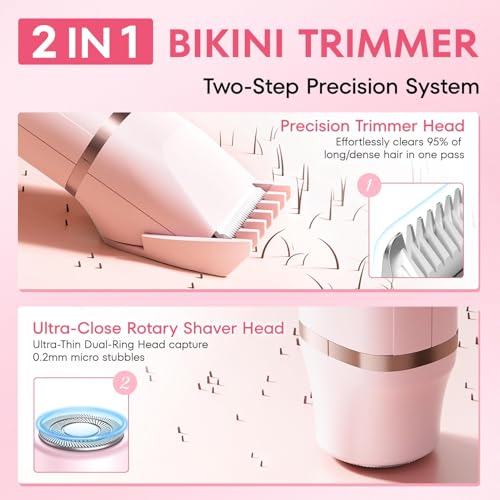 VG VOGCREST Bikini Trimmer for Women: Rechargeable 2-in-1 Painless Body Shaver for Leg Arm Underarm with Length Combs - Portable Travel Friendly Pubic Grooming Kit with Charging Dock (Light Pink)